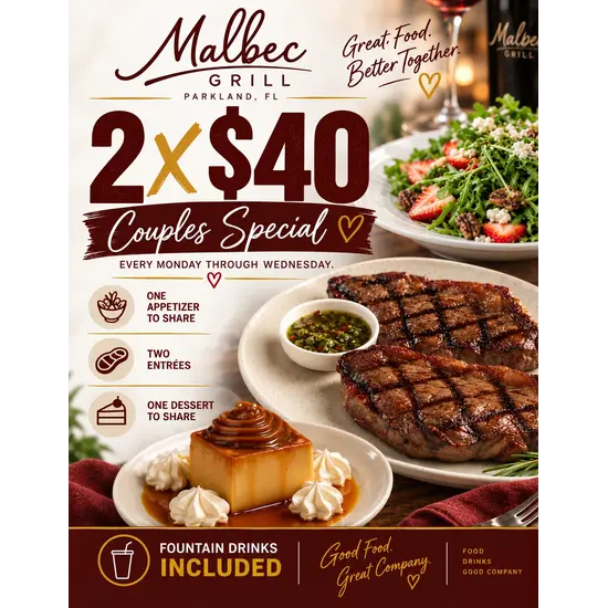 Couples Special: 2 for $40 special at Malbec Grill in Parkland, FL