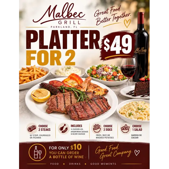 Romantic Argentine Feast for Two special at Malbec Grill in Parkland, FL