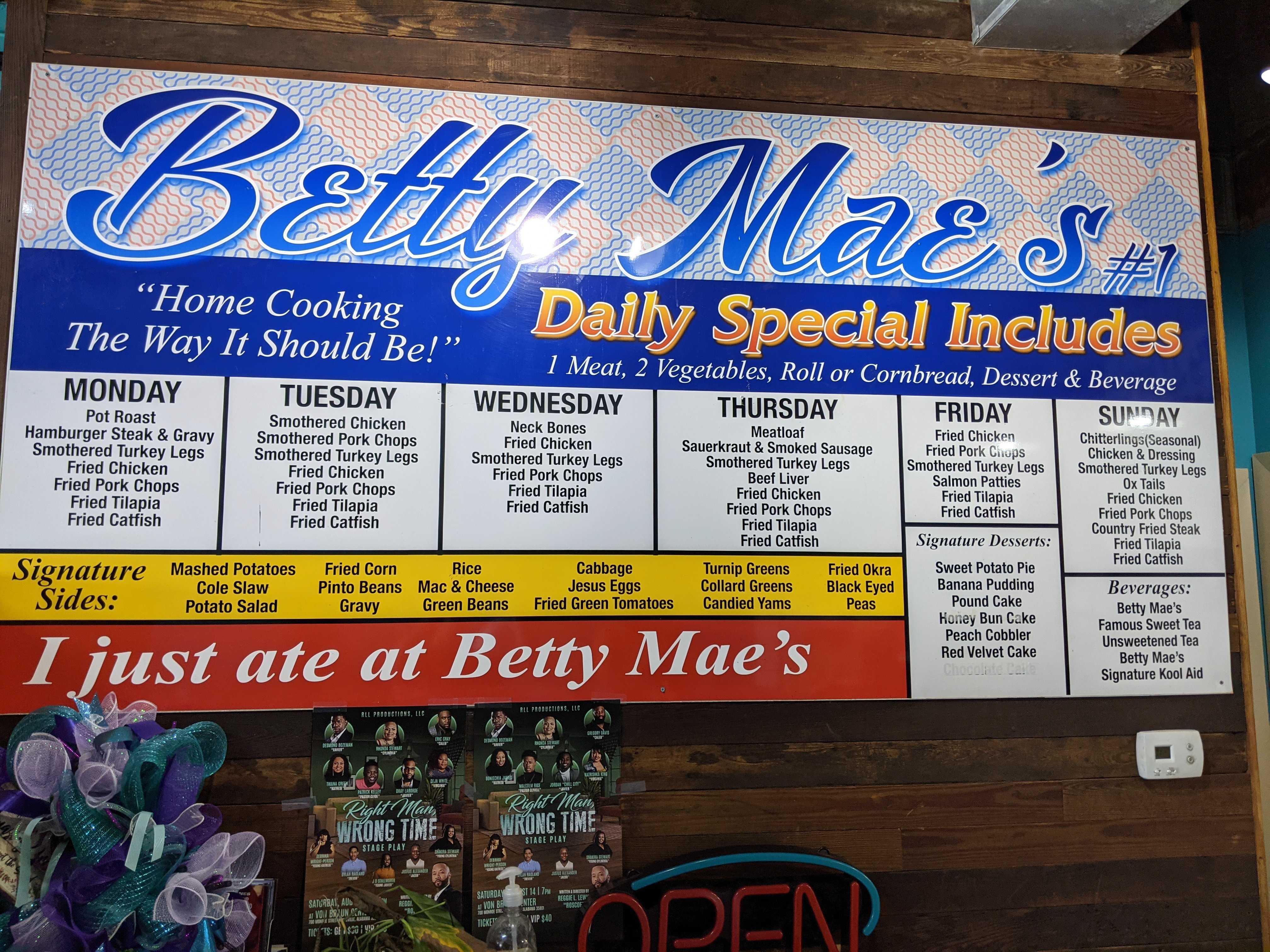 Betty Mae's Menu