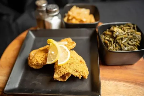 Golden fried whiting plate with soul sides