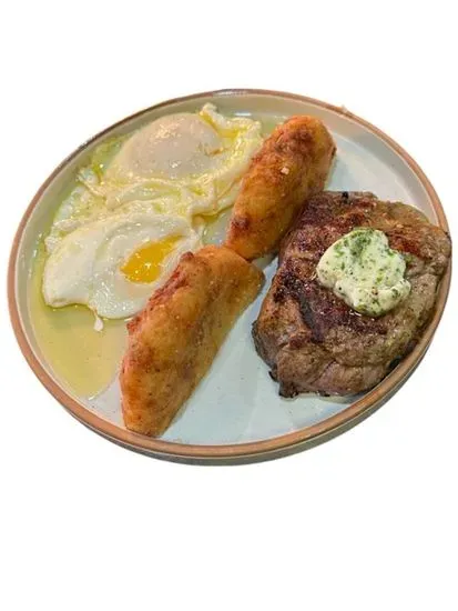 STEAK, EGGS, POTATO CAKE