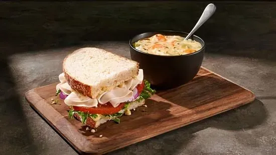 Turkey & Cheddar Sandwich & Cream of Chicken & Wild Rice Soup