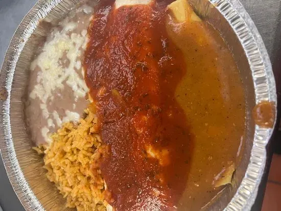 45. One Bean Burrito, One Cheese Enchilada and Rice and Beans.