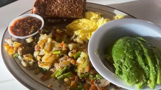 Veggie Hash with Eggs, Avocado and toast