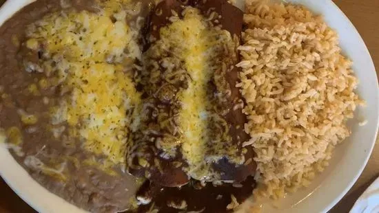 5. Two Chicken Enchiladas, Rice & Beans