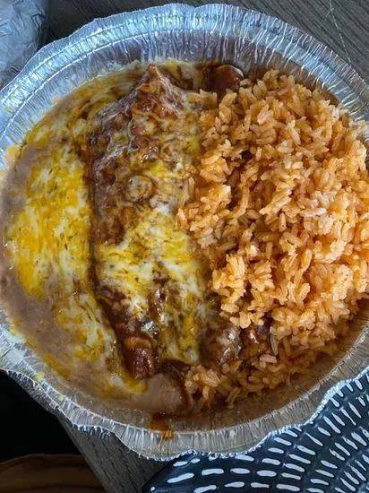 30. Two Carnitas Enchilada, Rice & Beans