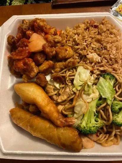 L10. Pork Fried Rice, Chicken Chop Suey Chow Mein, Sweet & Sour Pork, Fried Shrimp (1), Egg Roll (1)