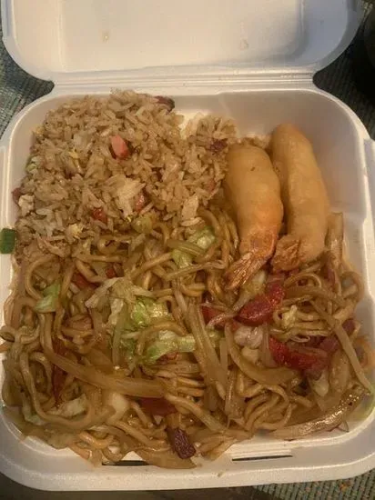 L1. Pork Chow Mein, Pork Fried Rice, Fried Shrimp(2 pcs) 