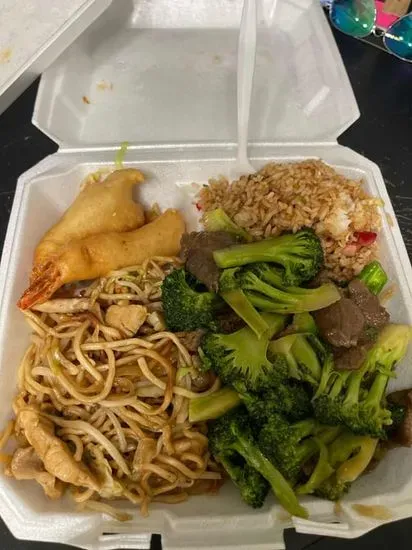 L8. Pork Fried Rice, Chicken Chow Mein, Broccoli Beef, Fried Shrimp (2)