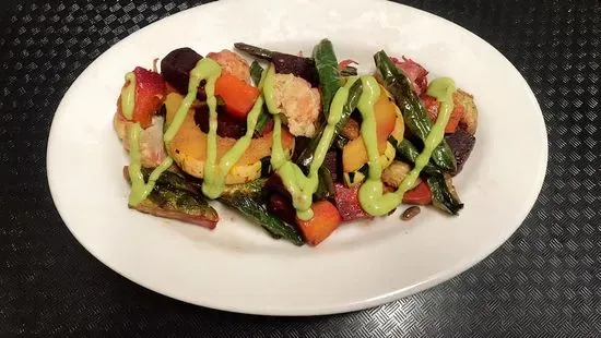 Seasonal Roasted Vegetables With Avocado Citrus Pesto Sauce 