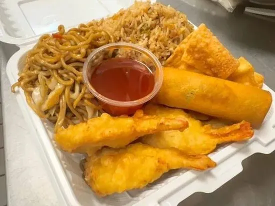 #2 - 3 Fried Shrimp, Egg Roll, Fried Rice and Vegetable Chow Mein