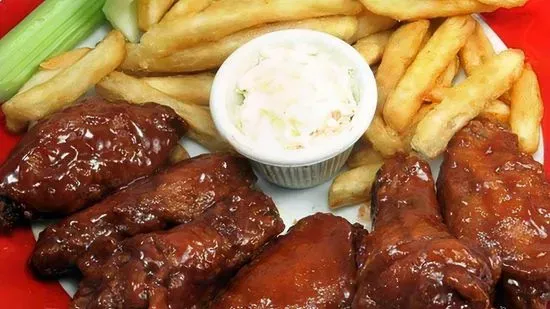 10-piece BBQ chicken wings, French Fries, and a side salad.