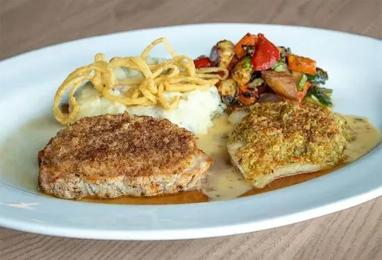 Pretzel-Crusted Pork Chop & Pistachio-Crusted Grouper