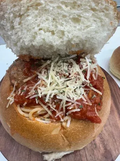 Bread Bowl Spaghetti with Meatballs