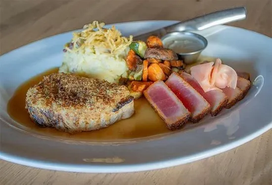 Pretzel-Crusted Pork Chop & Ahi Tuna*