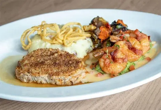 Pretzel-Crusted Pork Chop & Drunken Shrimp