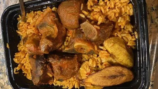 Jollof rice with goat and plantain