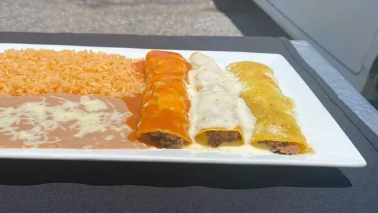 G. New! Three Beef Enchiladas Served with Rice and Beans