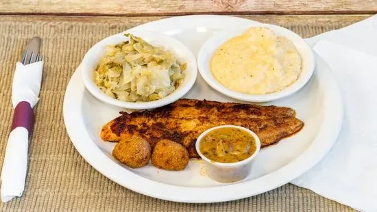 Grilled Catfish Dinner Topped with Julie Sauce