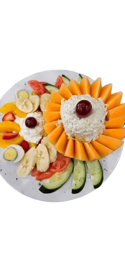 Fruit plate, Tuna or Chicken  salat served on a half cantaloupe 