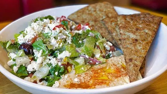 Lemony Hummus Greek Salad & Cauliflower Pita Bowl