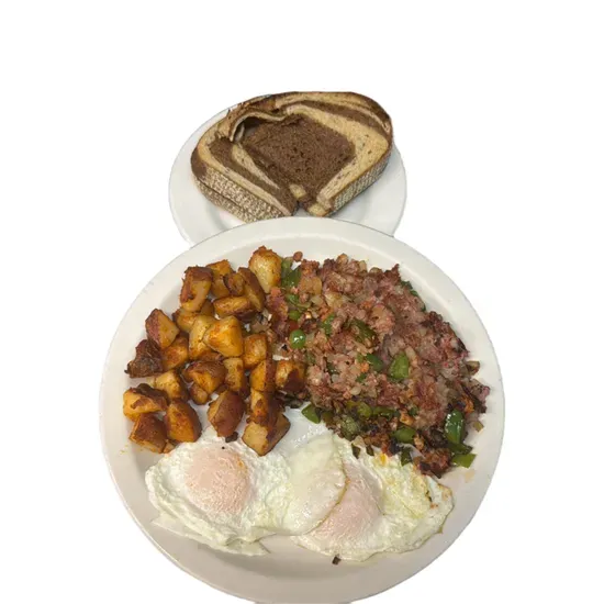 2 EGGS WITH CHOURICO HASH HOMEFRIES & TOAST