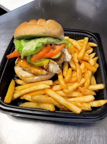 Grilled Chicken Sandwich with fries .