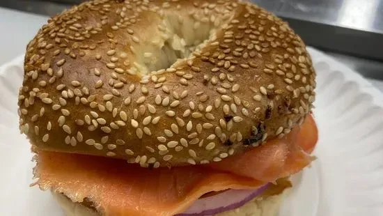 Breakfast Lox, CC, Red Onion, Tomato, Bagel