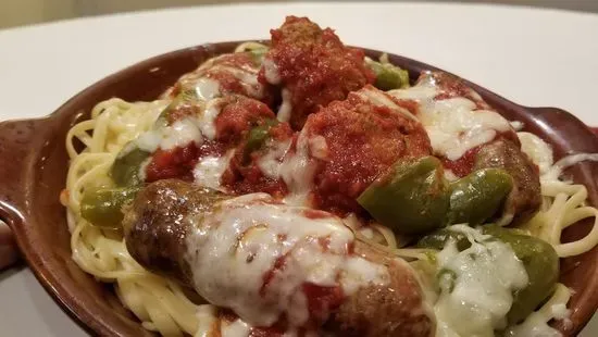 Sausage, Meatballs & Peppers Parmigiana