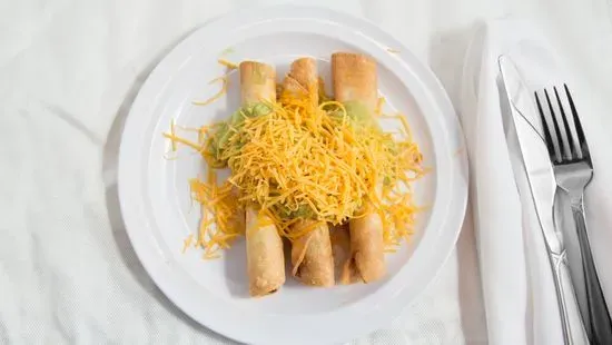 Three Rolled Tacos with Guacamole and Cheese