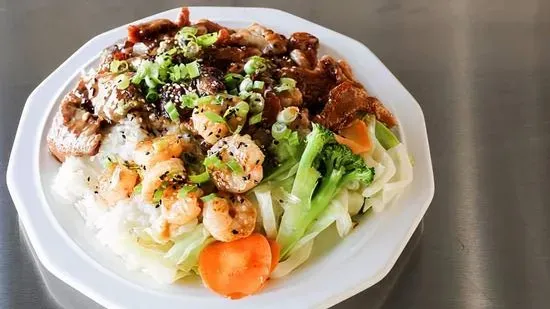 Chicken, Beef, Shrimp