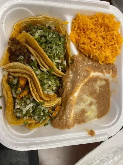 3 Tacos with Rice & Beans