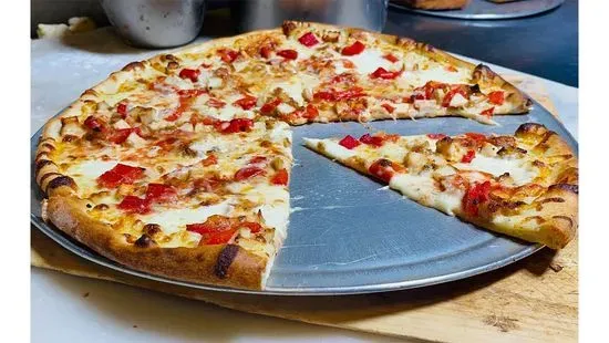 Chicken Cutlet, Fresh Mozzarella, Roasted Red Peppers and Fresh Garlic Pizza