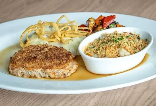 Pretzel-Crusted Pork Chop & Scallop Gratin