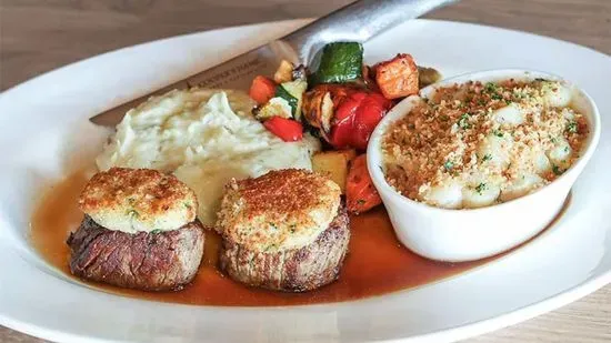 Parmesan-Crusted Filet Medallions* & Scallop Gratin