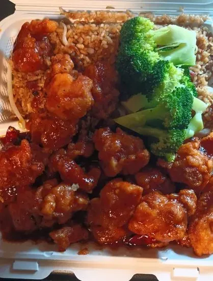 D26. General Tso's Chicken with Pork Fried Rice Dinner