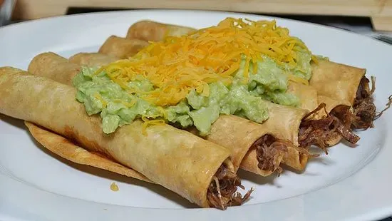 Five Rolled Tacos with Cheese and Guacamole