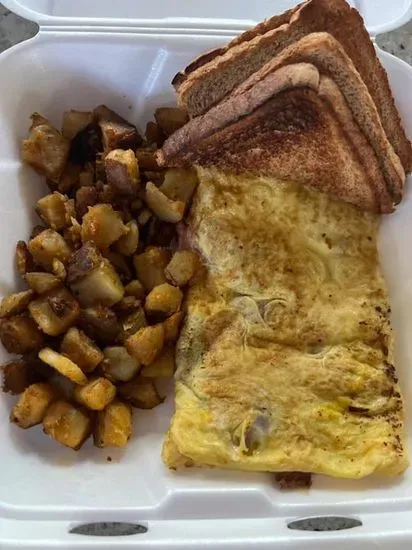 Homemade Hash & cheese omelet with home fries and toast