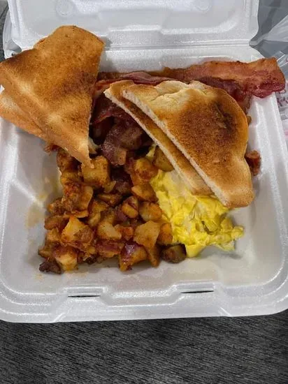 3. Eggs (2), Choice of Bacon, Sausage or Canadian Bacon, Home Fries & Toast