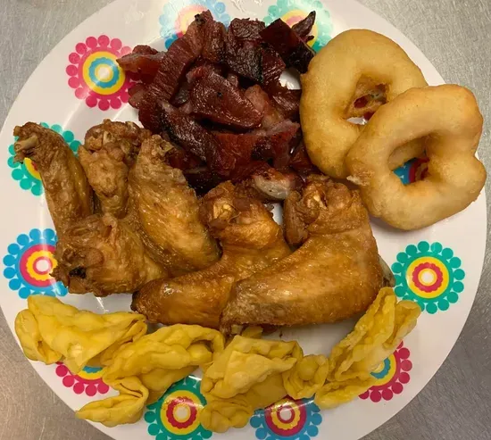 A3. Boneless Spareribs, Chicken Wings, Crab Rangoon & Fried Shrimp