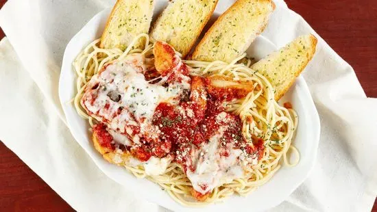 Chicken Parmesan over Spaghetti