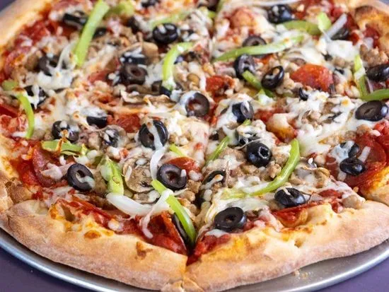 DELUXE - Handcrafted Dough & Marina Sauce, Buffalo Milk Mozzarella, Cup-N-Char Peperoni, Sausage, Green Peppers, Onions, Black Olives, Mushrooms