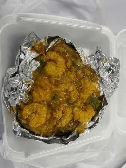 Crawfish Étouffée Baked Potato with Fried Shrimp