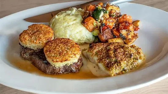 Parmesan-Crusted Filet Medallions* & Pistachio-Crusted Grouper