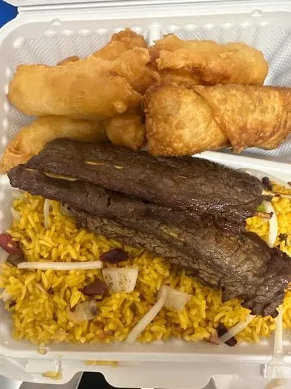 C2.. Teriyaki Beef (3), Chicken Finger (4) with Egg Roll (1)