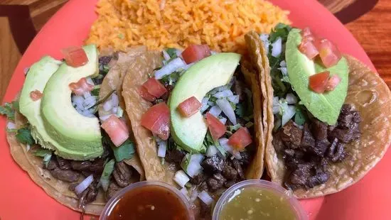 Cena de 3 Tacos con Arroz y Frijoles / 3 Taco Dinner with Rice and Beans