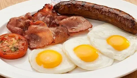 Three eggs/hash browns/breakfast meat