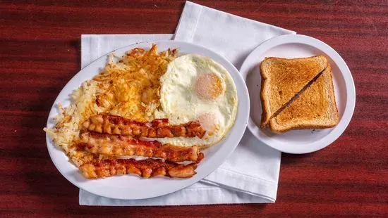 2 Eggs, Hash Browns, Choice of Meat & Toast