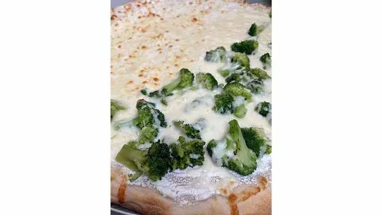 White pizza with broccoli, or spinach