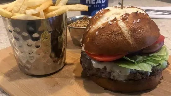 Pretzel Cheeseburger with fries